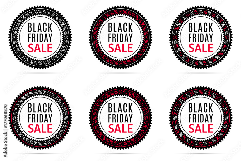 Black Friday Sale. Round Sticker with Advertising of Black Friday Day with black, white and red color