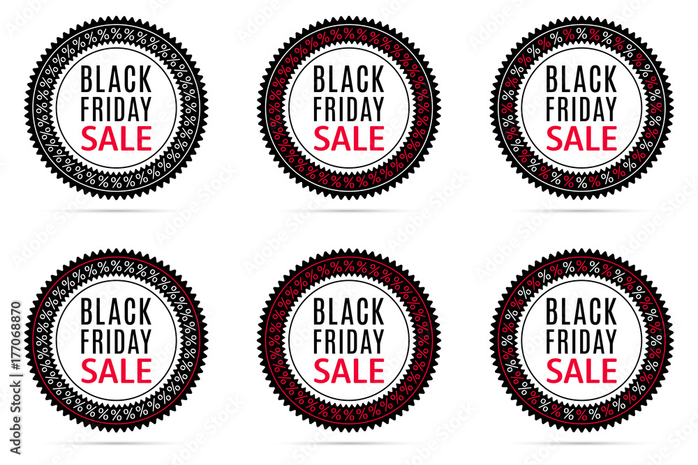 Obraz premium Black Friday Sale. Round Sticker with Advertising of Black Friday Day with black, white and red color