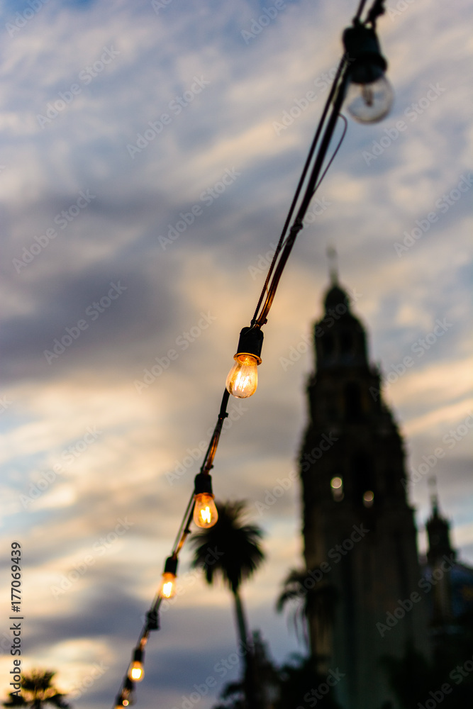 The lights around Balboa park near the California tower The lights around Balboa park near the California tower
