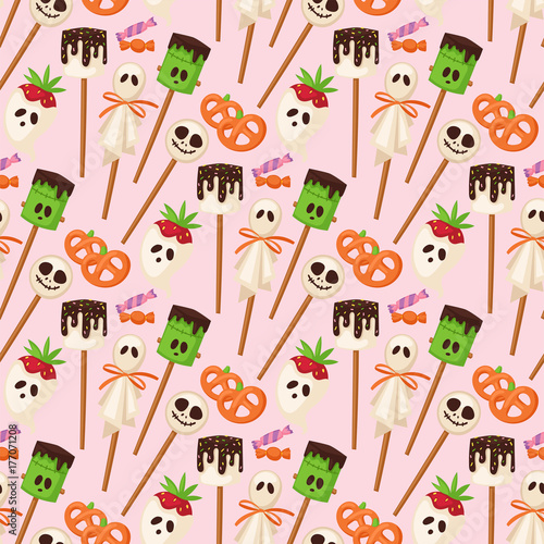 Halloween cookie seamless pattern background food night cake party trick or treat candies vector illustration.