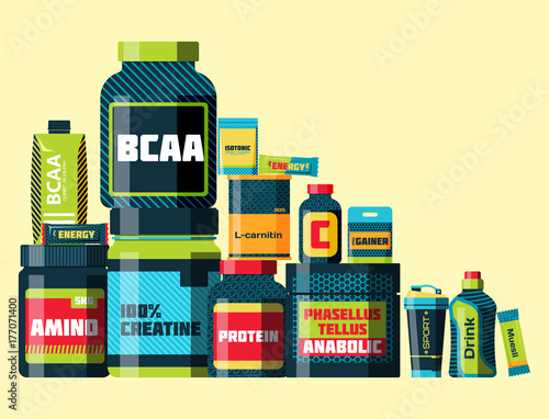 Sport nutrition healthy food fitness diet bodybuilding proteine power drink athletic supplement energy vector illustration.