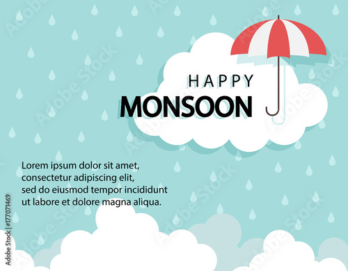 Happy Monsoon season background with cloud rain drop and umbrella. sale banner. season off. discount poster. layout advertising. Rainy Season, Vector Illustration.