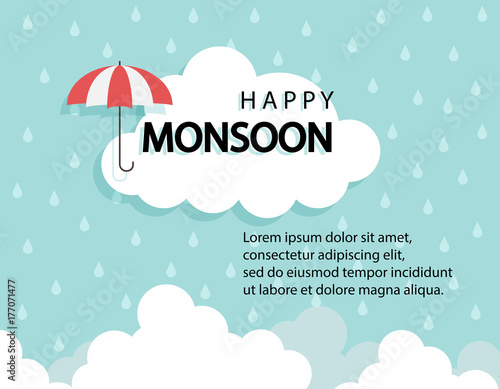 Happy Monsoon season background with cloud rainny and umbrella. sale banner. season off. discount poster. layout advertising. Rainy Season, Vector Illustration.
