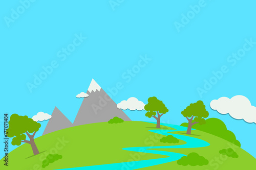 Happy Spring Season Landscape Background with green scene adorned by green tree, grass meadow, river and mountains 
