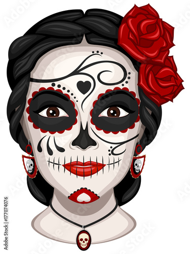 Vector illustration of a woman from the neck up, made up for Dia de los Muertos, Day of the Dead.