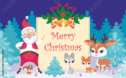 Christmas greeting card with the image of Santa Claus and woodland animals. Vector background.