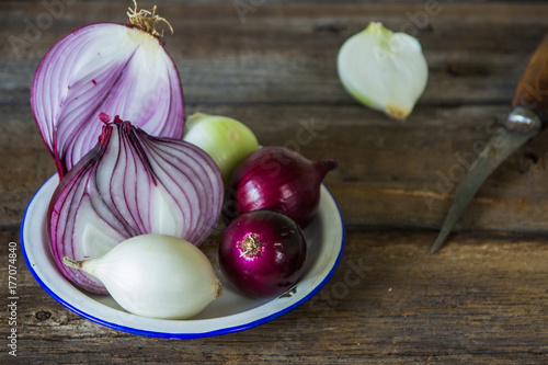 Onions in rustic style. Fresh organic raw onion