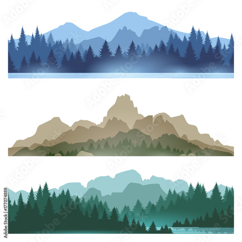 Foggy mountains landscape set vector illustration. Smokey rocky panorama with mountains skyline and pine tree forest silhouettes