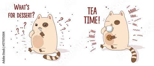 Tea time. Cat with a cop of tea and a cookie. Время чая. Кот с кружкой и печеньем. 