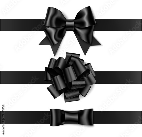 Set of beautiful black bow with horizontal black ribbon for your design and page decor. Vector decorative bow isolated on white. Black friday sale decorations