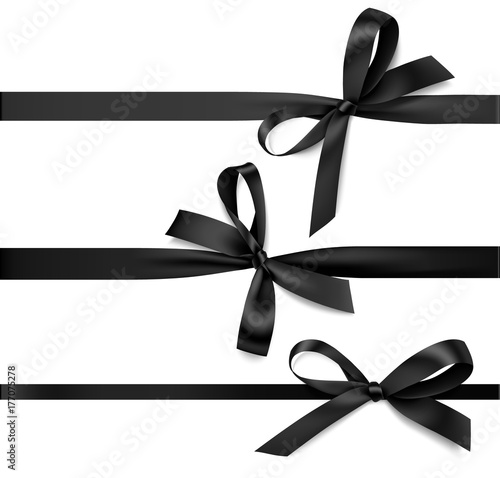Set of black bow with horizontal black ribbon. Vector decorations