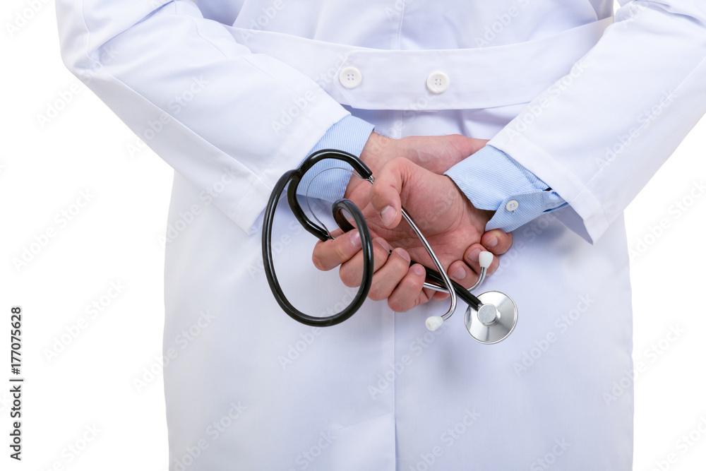 Doctor with a stethoscope in the hands behind the back Doctor with a stethoscope in the hands behind the back