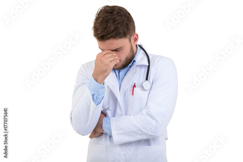 Worried doctor with pensive gesture isolated on white background