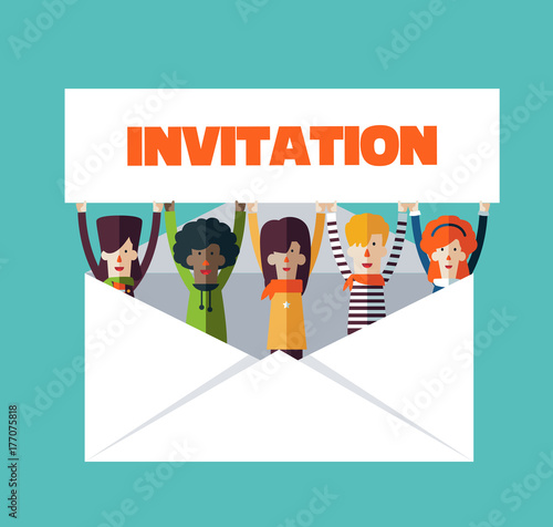 Group of happy smiling young people in a big envelope with a invitation card. Post letter, delivery service or e-mail vector concept