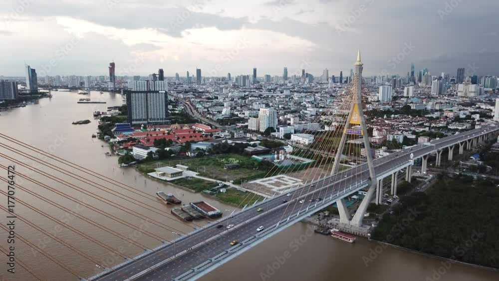Beautiful view from a drone of Bhumibol (King Rama 9) Bridge in Bangkok , Bridge of transportation for import , export , Bangkok ,Thailand Beautiful view from a drone of Bhumibol (King Rama 9) Bridge in Bangkok , Bridge of transportation for import , export , Bangkok ,Thailand