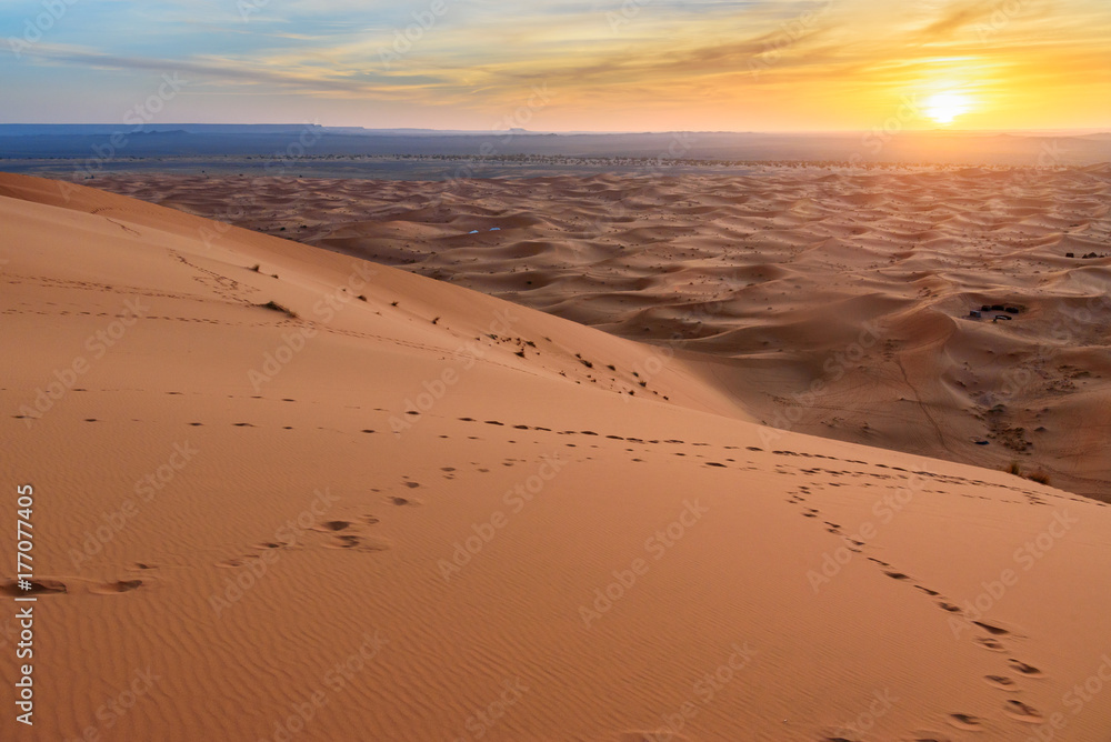 Sunrise in Erg Chebbi Sand dunes near Merzouga, Morocco Sunrise in Erg Chebbi Sand dunes near Merzouga, Morocco