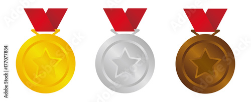 Medal icon illustration set. three colors ( gold /silver /bronze). star mark.