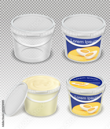 Branded and blank, empty and with mayonnaise, sour, cream, yogurt, cottage cheese, sauce, ice cream plastic buckets realistic vector template set. Food product packaging mockup