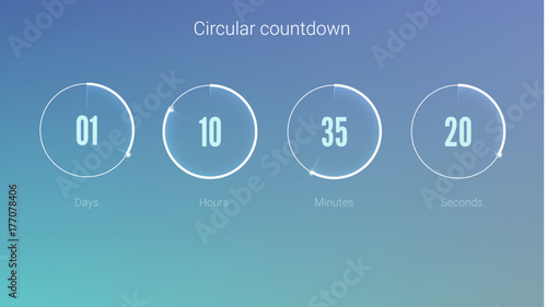 Part of the User interface, circular clock. Clock application, UI elements. Design of countdown timer for coming soon or under construction action. Template of count days, hours, minutes and seconds photo