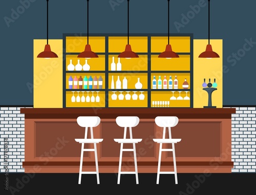 Bar interior with counter. Interior of pub, for drinking and socializing .Vector illustration.