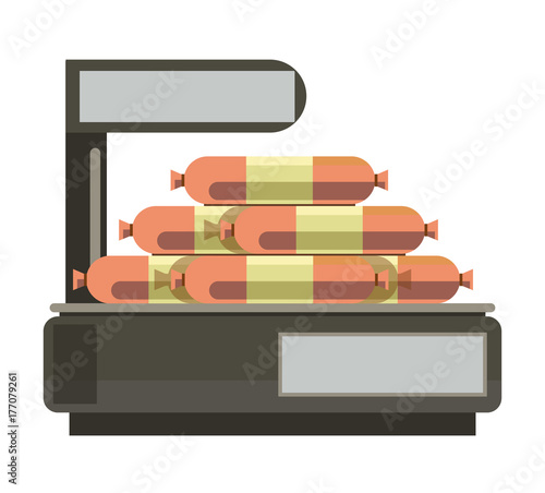 Sausages meat on store counter weigth scales butcher shop vector gastronomy products