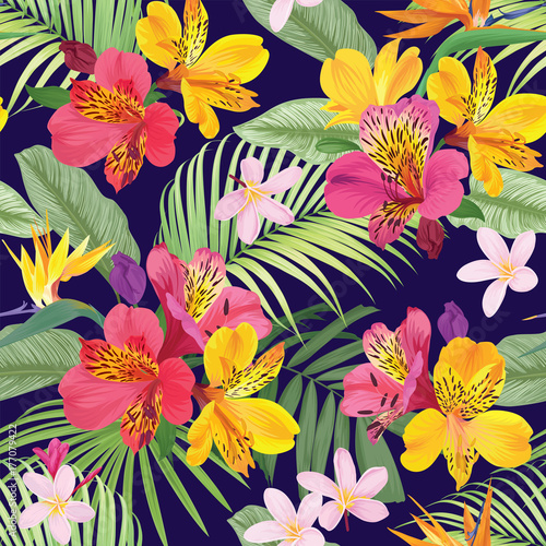 Tropical flowers seamless pattern with leaf on darkpurple background. Vector set of exotic tropical garden for wedding invitations, greeting card and fashion design. 