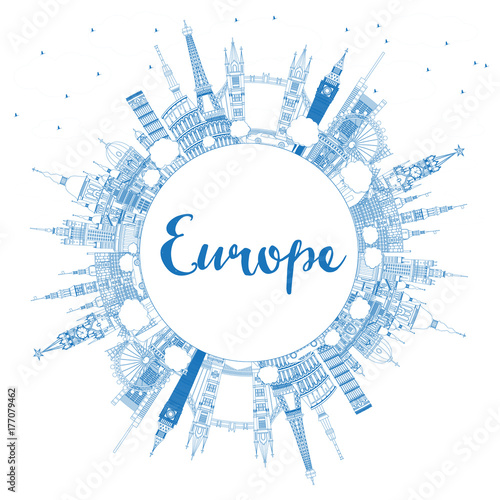 Outline Famous Landmarks in Europe with Copy Space.