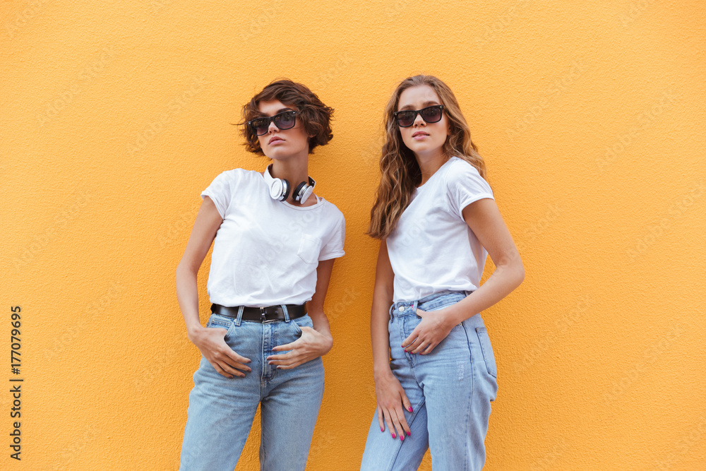 Two cheerful young teenage girls in sunglasses posing Two cheerful young teenage girls in sunglasses posing