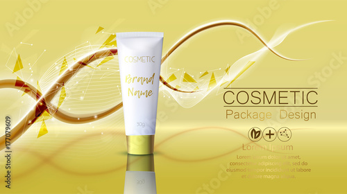 Concept Skin Care Cosmetic. Regenerate cream and Vitamin Background. Sepia banner with a DNA molecule of polygons.