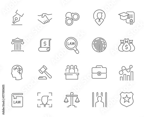 Line icons of law and lawyer services , Justice ,Business and people icon identity. Design for website mobile application infographic . Thin line icon vector set