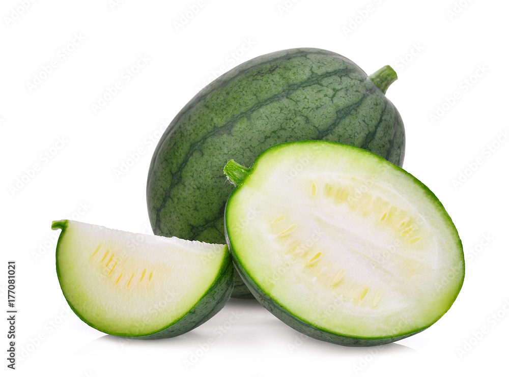 whole and half with slice of young small green watermelon isolated on white background whole and half with slice of young small green watermelon isolated on white background