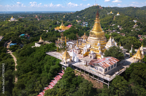 A pagoda is on Sagaing hill, Myamar. Aerial view from the drone.As an important religious and monastic centre
