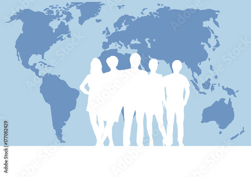 people on world map  vector poster and background. Teamwork and business concept