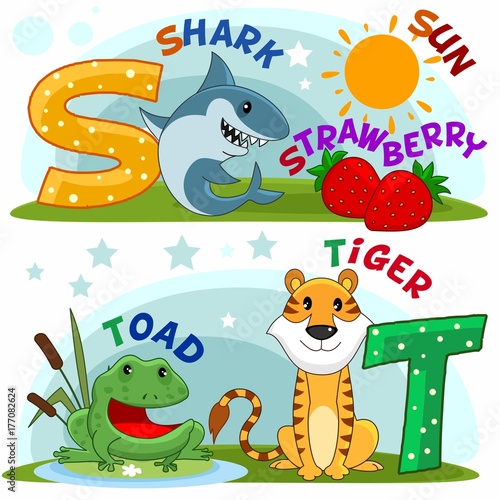 Fototapeta Naklejka Na Ścianę i Meble -  Colored cartoon English alphabet with S and T letters for children, with pictures of these letters with a shark, strawberry, sun, frog, toad and a tiger.