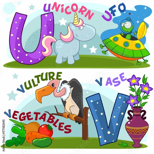 Colored cartoon English alphabet with U and V letters for children  with pictures of these letters with a unicorn  UFO  vulture  vegetables and a vase.