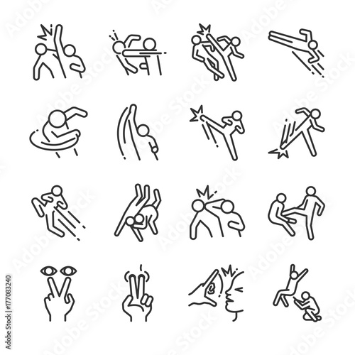 Fight action line icon set. Included the icons as punch, kick, hook, strike, smash throw, assault and more.