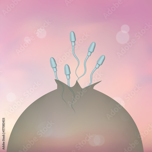 Spermatozoons, sperm escaping from a broken, damaged, crashed condom. Contraception problem. Illustration for web or typography, magazine, brochure, flyer, poster. Blurred pink background