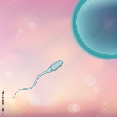 Spermatozoon sperm and ovum egg. In vitro fertilization IVF. Artificial insemination. Spermogram. Male infertility. Illustration for web or typography, brochure, flyer, poster. Blurred pink background