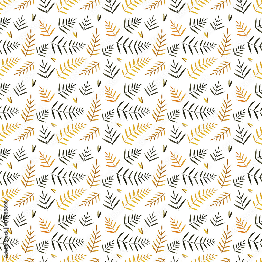 Fototapeta premium Watercolor colorful autumn seamless pattern. Pattern with autumn leaves and branches. Perfect for you postcard design,invitations,projects,wedding card,poster, packaging.