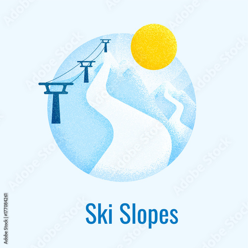 Ski slopes retro banner. Winter mountain landscape background. Vector poster for skiing resort, school