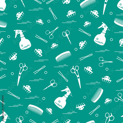 Cute pattern of scissors, combs, hairclip, hairpins and sprayer. For the provision of hairdressing services.