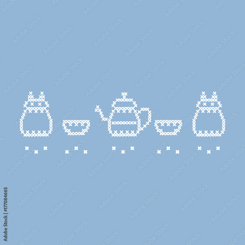 Cute vector illustration cross embroidery of teapot with two cups and owl.