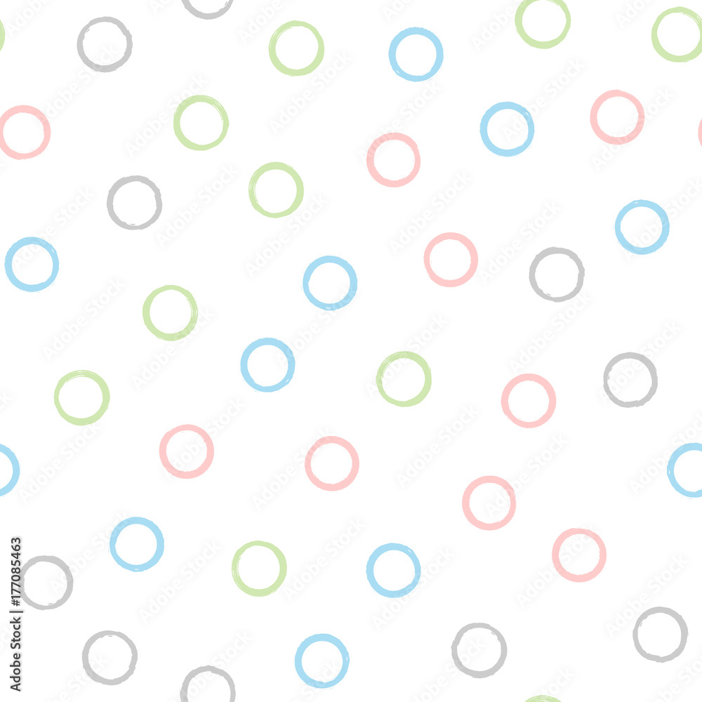 Simple seamless pattern. Scattered circles drawn by hand with rough brush. Sketch, doodle.
