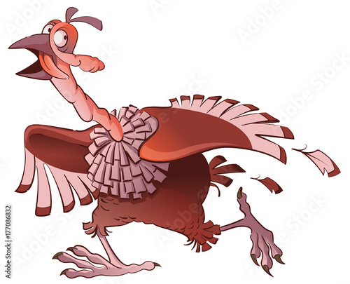 Cartoon turkey bird runs away in fear. Symbol of Thanksgiving Day