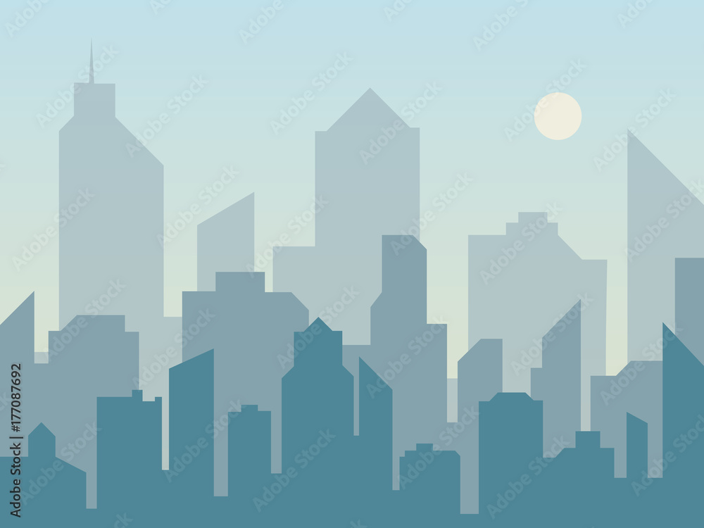 Morning city skyline silhouette in flat style. Modern urban landscape. Cityscape backgrounds.  illustration