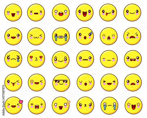 Big emotional face icons set kawaii.Flat design  Illustration
