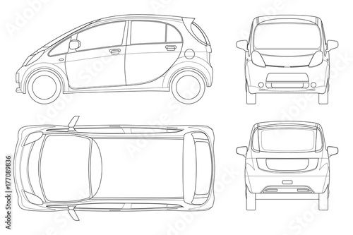 Electric vehicle or hybrid car in outline. Eco-friendly hi-tech auto. Easy to change the thickness of the lines. Template vector isolated on white View front, rear, side, top