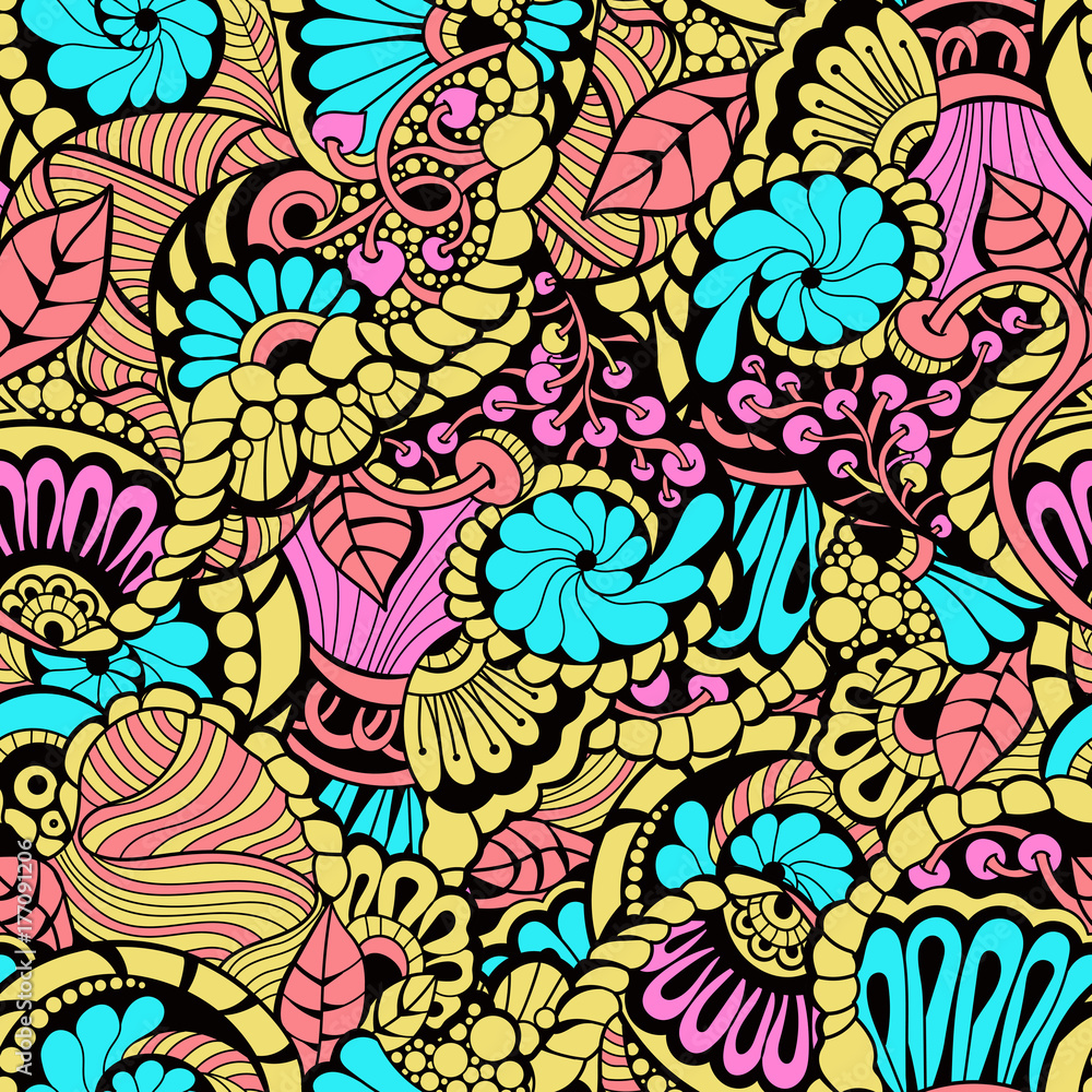 Seamless colorful pattern in a zentangle style. Hand-drawn illustration . Vector background for textile, print, wallpapers, wrapping. Seamless colorful pattern in a zentangle style. Hand-drawn illustration . Vector background for textile, print, wallpapers, wrapping.