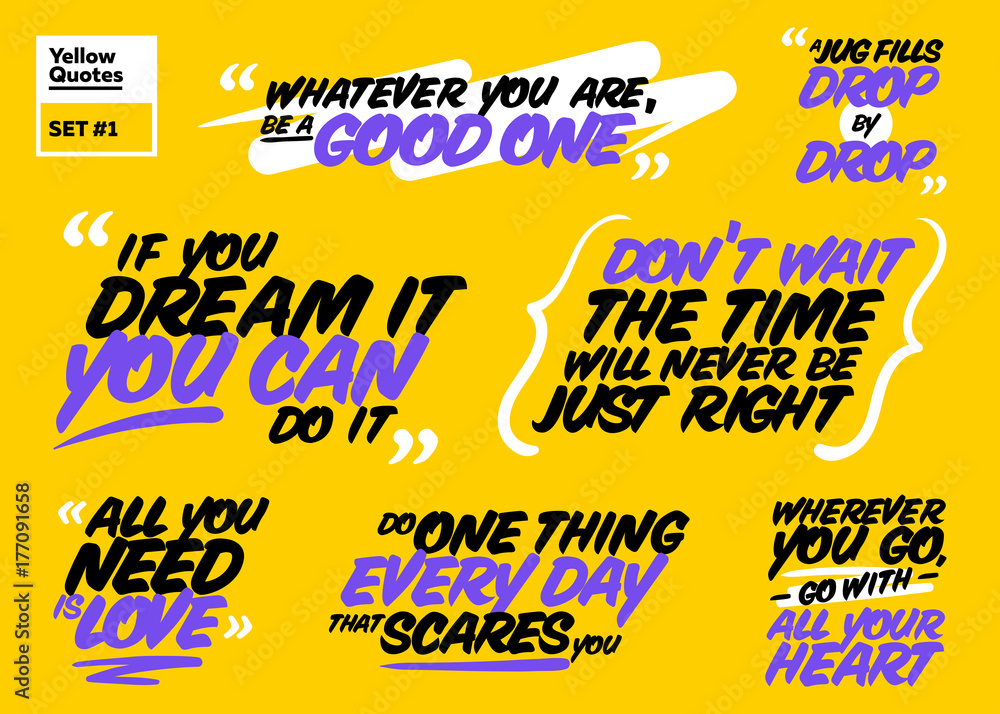 Naklejka Vector Set of Motivational Quotes. Inspiring Short Phrases. Handwriting Brush Lettering. Collection of Positive Quote Signs. Famous Philosophical Message. Inspirational Sayings to Inspire Success.
