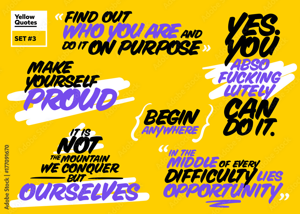 Naklejka Vector Set of Short Motivational Quotes. Inspiring Cards. Handwriting Brush Typography. Set of Positive Messages about Success, Proud, Life, Happy, Achievement, Opportunity. Inspirational Sayings.